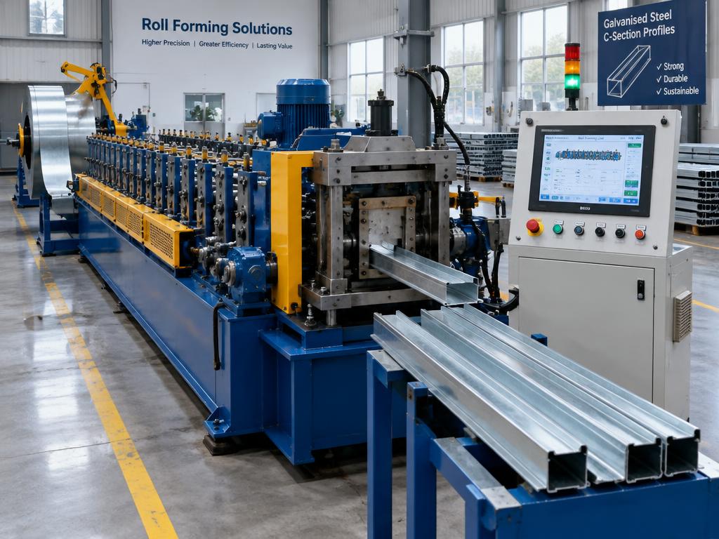 Roll-forming machine producing galvanised steel profiles [placeholder photo]